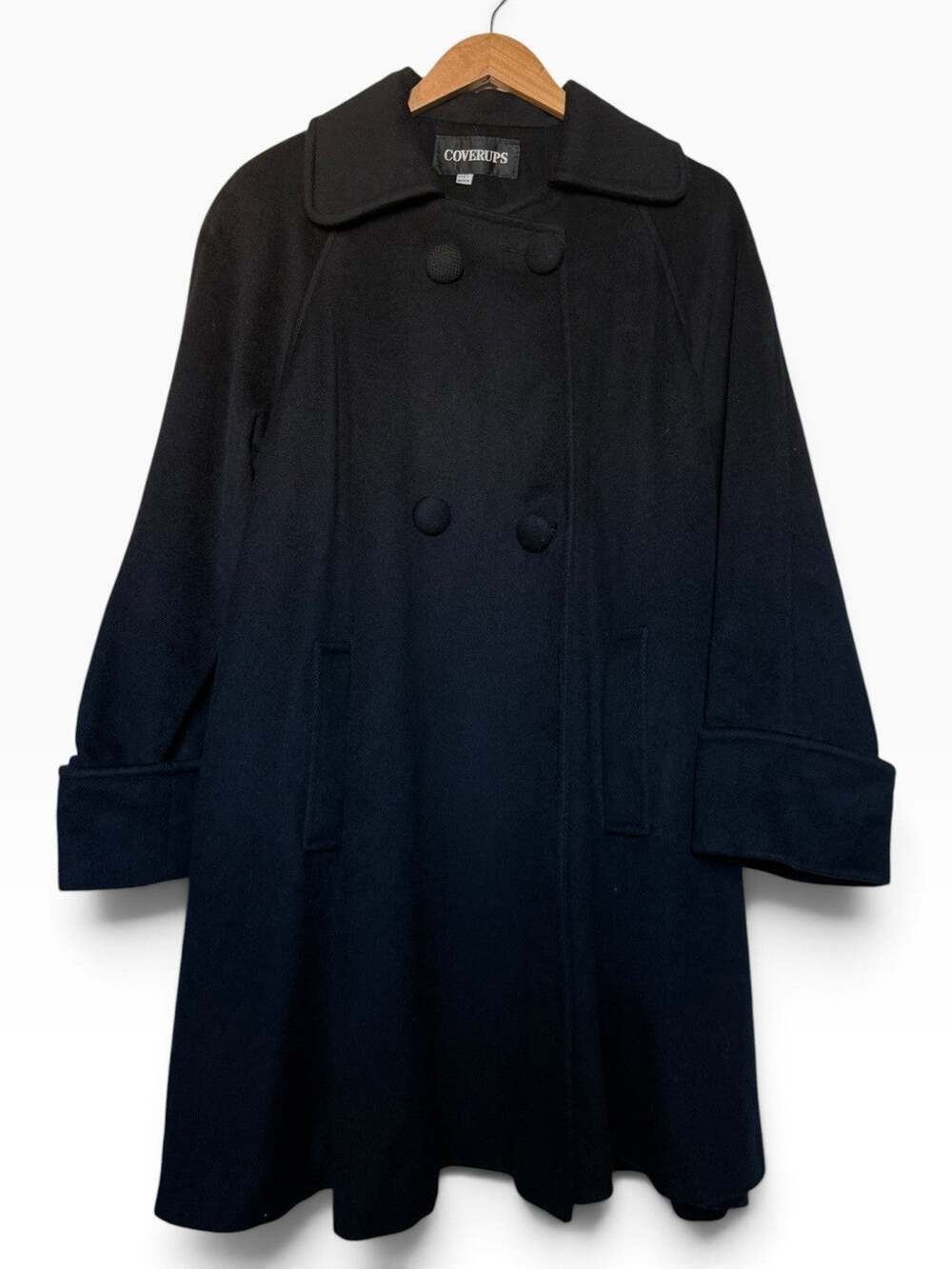 Coverups Black 100% Wool Mod Swing Coat | Double Breasted Wide Collar | Large